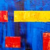 Colorful abstract art on canvas featuring red and yellow geometric shapes against a blue background.