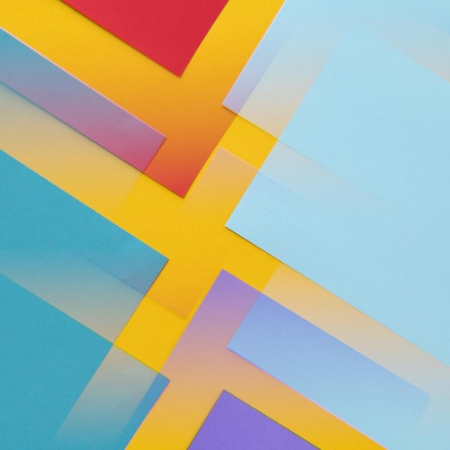 Colorful abstract geometric composition with pastel overlays on a vibrant background.